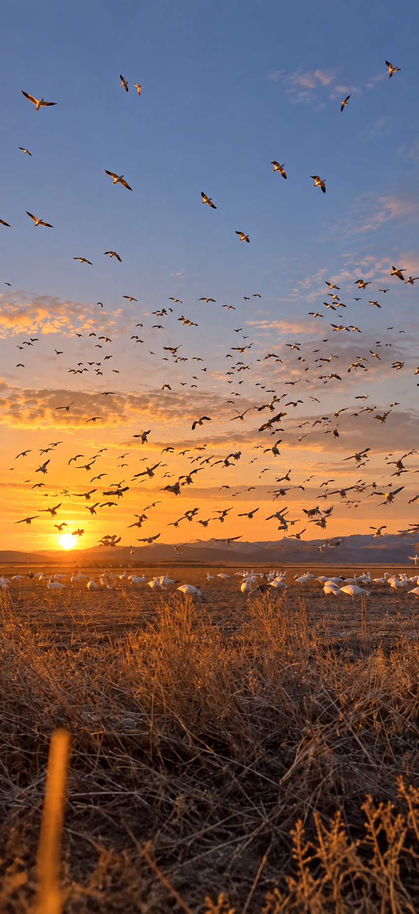 Snow geese flying over a field at sunset